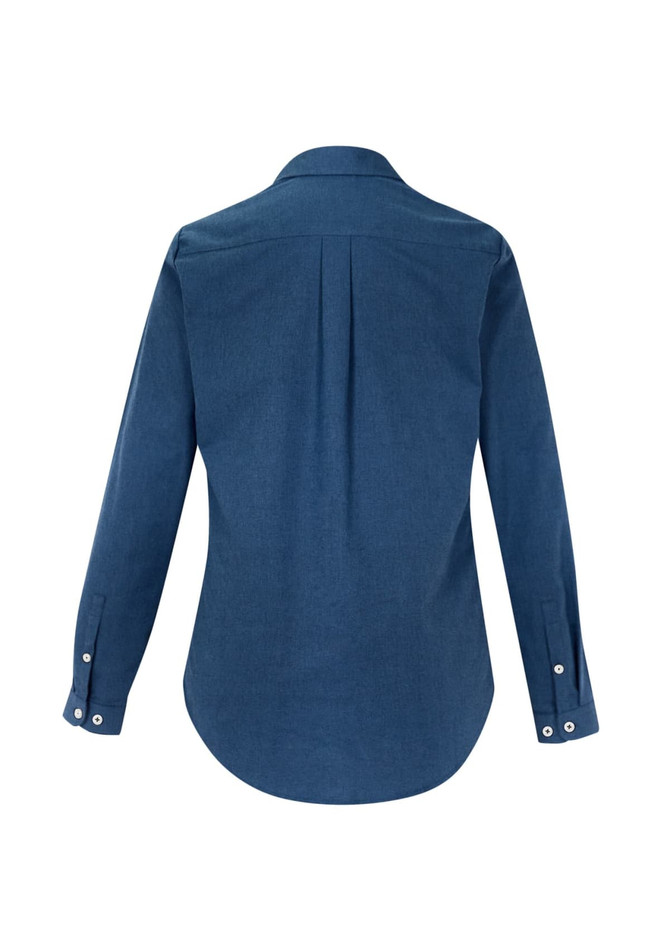 A long-sleeve button-up shirt in a dark blue colour, featuring a pleated back and button cuffs. It has a logo.