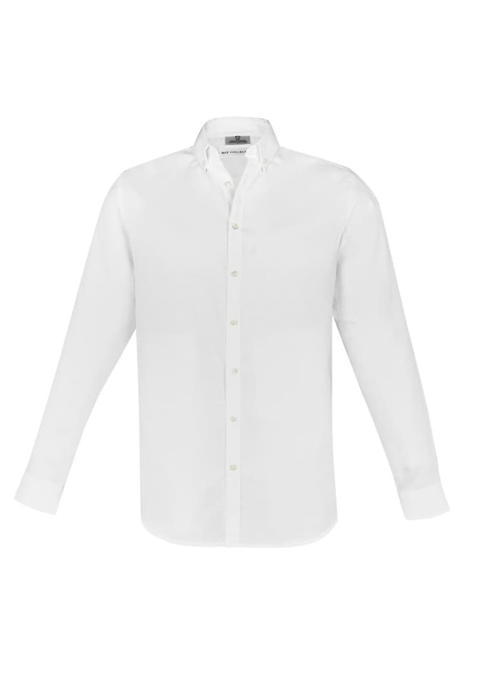 A white long sleeve button-up shirt with a collar and a logo on the chest.