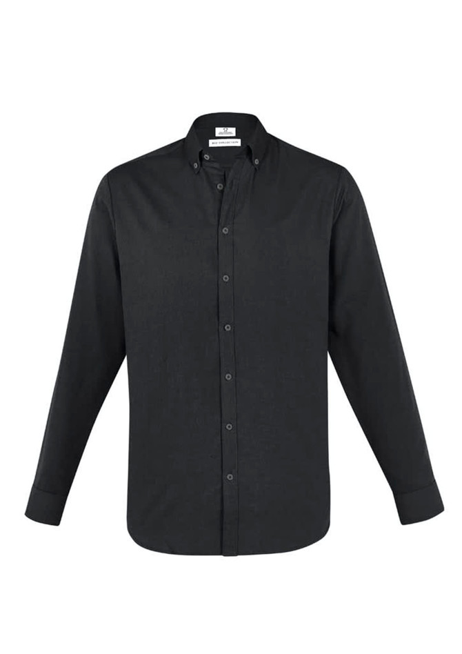 A long sleeve button-up shirt in dark green with a collar and branded label.