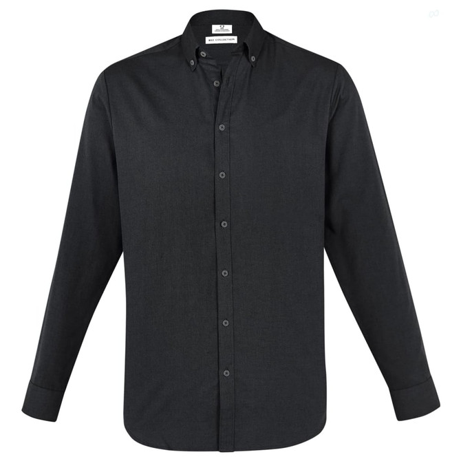 A black long sleeve button-up shirt with a collar and brand logo on the label.