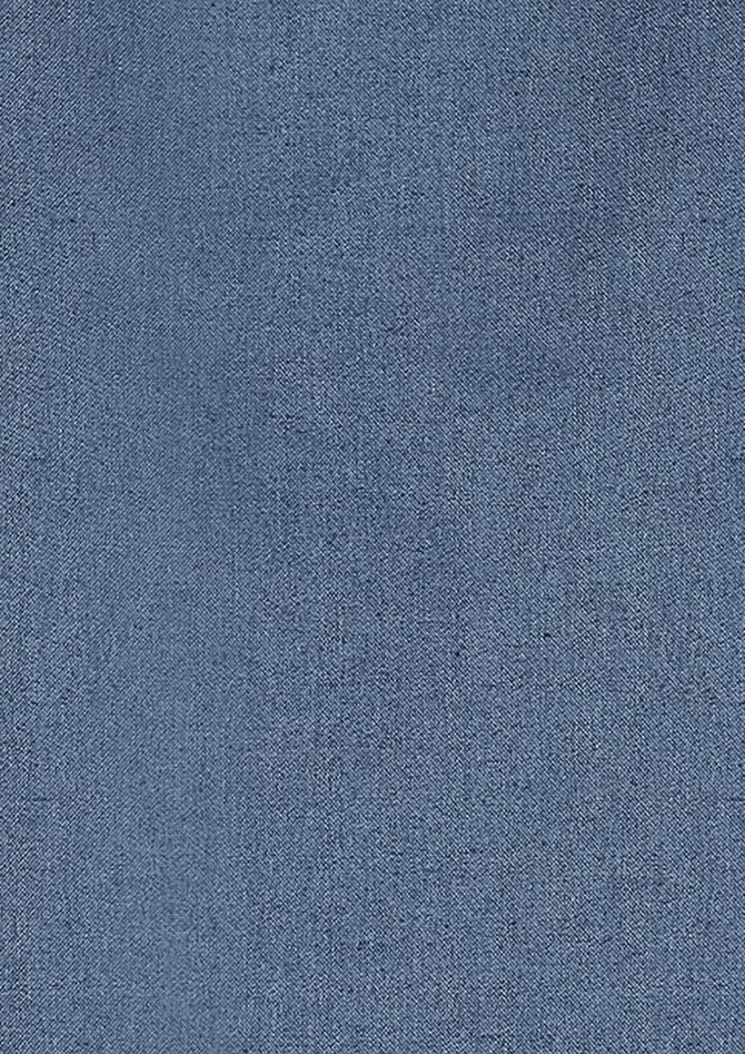A textured blue fabric, resembling denim, suitable for a button-up shirt. Features a logo in one corner.