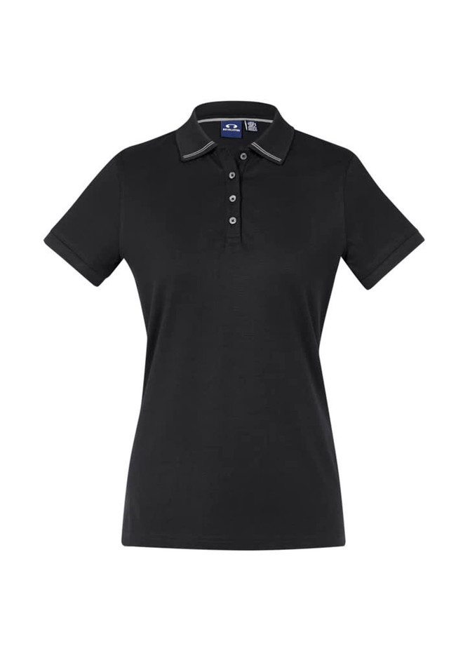 A black women's short sleeve polo shirt with a collar and a logo. It features button detailing and contrasting trim.