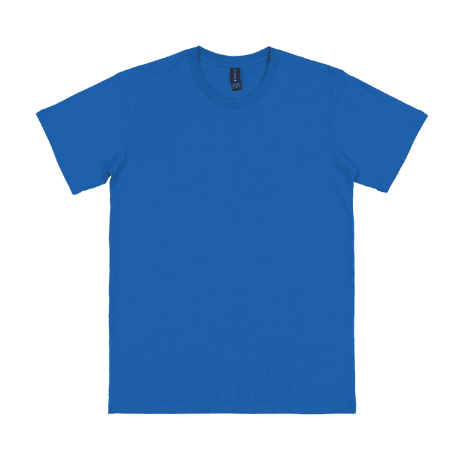 A blue adult T-shirt featuring a logo, with a classic crew neckline and short sleeves.