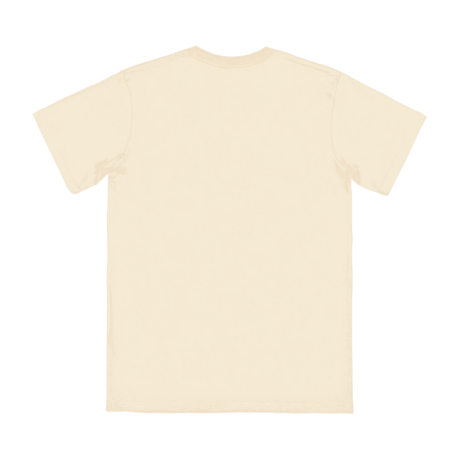 A beige adult t-shirt featuring a plain back design and short sleeves, with a logo present.