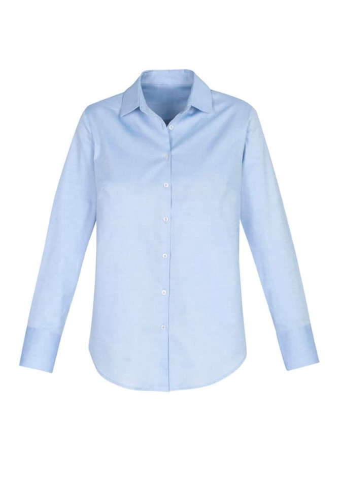 A light blue button-up shirt with long sleeves and a collar, featuring a logo.