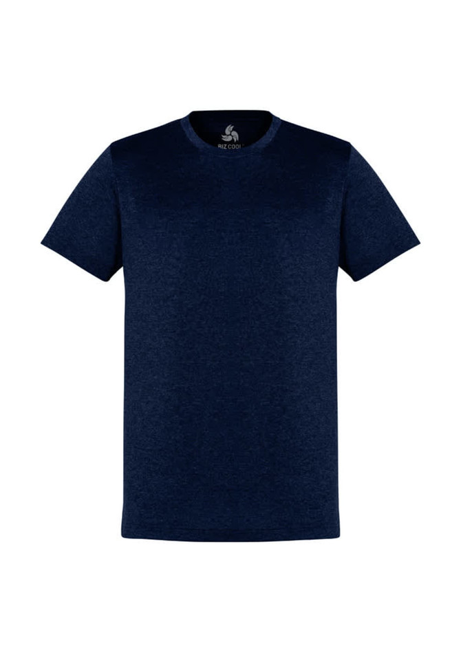 A navy blue short sleeve tee with a round neckline and a logo on the interior label.