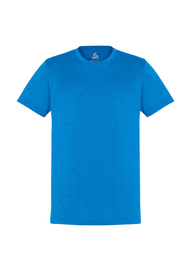 A blue short sleeve T-shirt with a round neckline and a logo on the inside neck area.