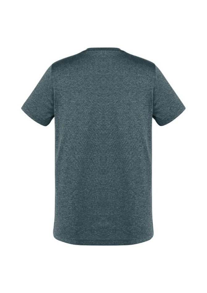 A men's short sleeve tee in dark grey, featuring a simple design and a logo on the back.