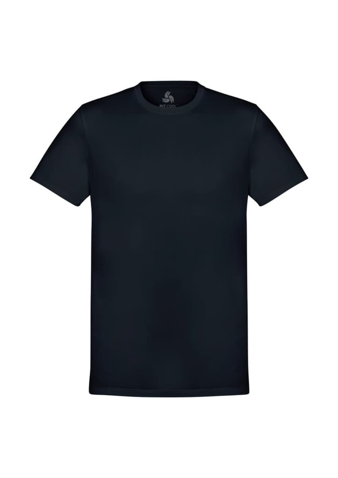 A dark navy men's short sleeve tee with a classic crew neckline and a logo on the interior.