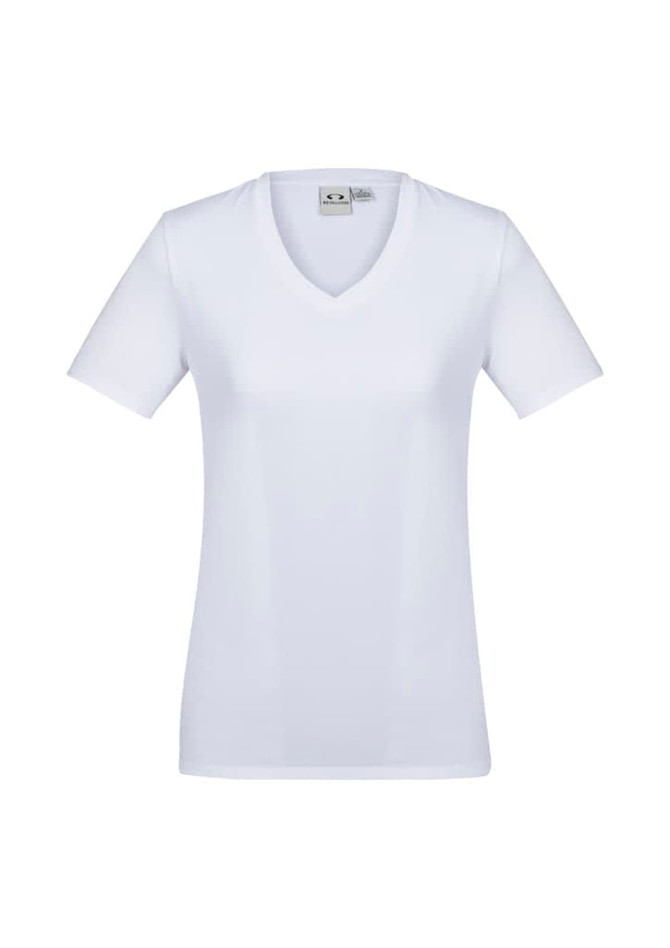 A white women's short sleeve tee with a V-neck design and a logo on the label.