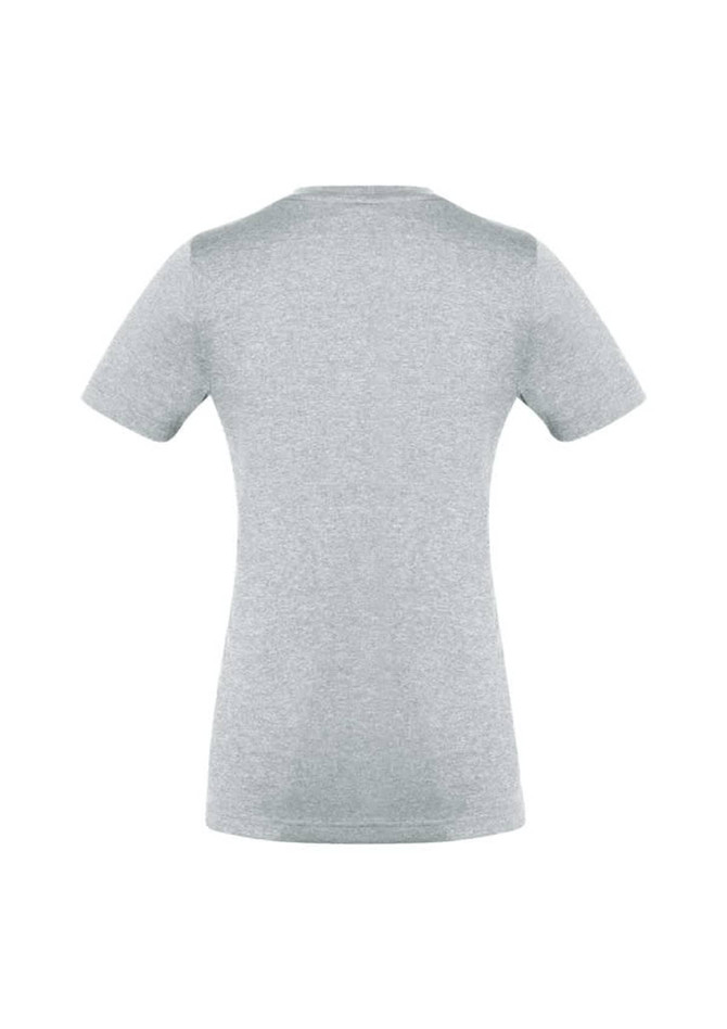 A grey women's short sleeve tee featuring a fitted design and a logo on the back.