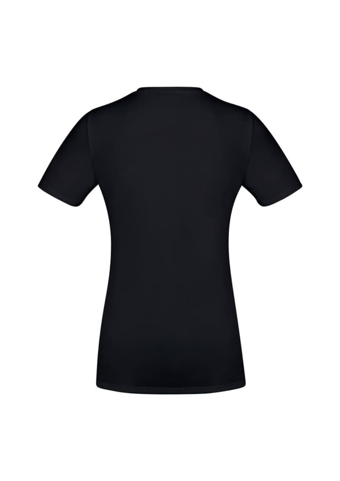 A fitted women's short sleeve tee in black with a smooth texture. It features a logo on the back.