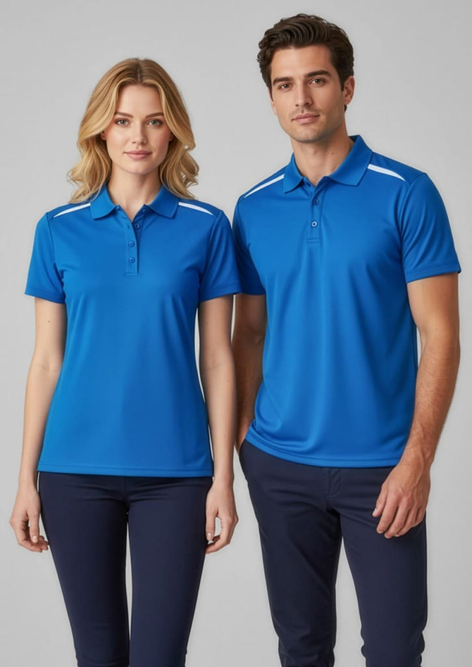 A blue short sleeve polo shirt for men, featuring a logo and contrasting shoulder stripes, styled with navy trousers.