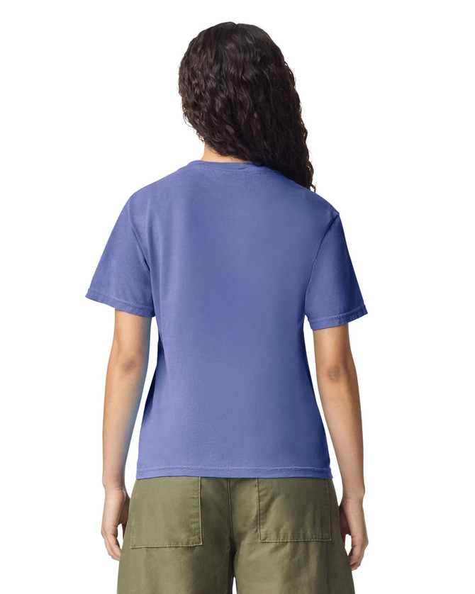 A blue heavyweight t-shirt for adults, featuring a round neckline and short sleeves, viewed from the back.