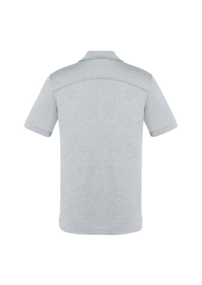 A grey short sleeve polo shirt featuring a subtle design and a branding logo on the back.