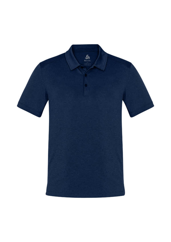 A navy blue men's short sleeve polo shirt with a collar and buttons, featuring a logo on the chest.
