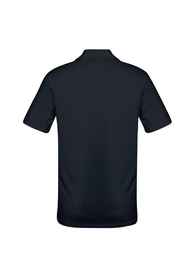 A navy blue men's short sleeve polo shirt featuring a smooth texture and a logo on the front.