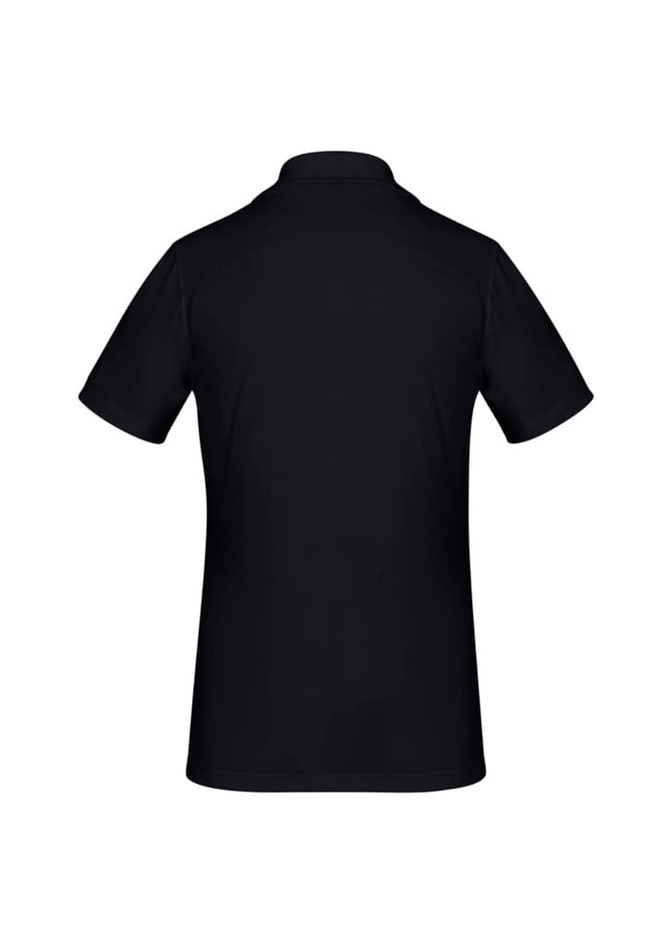 A black women's short sleeve polo shirt with a classic collar and a logo on the back.