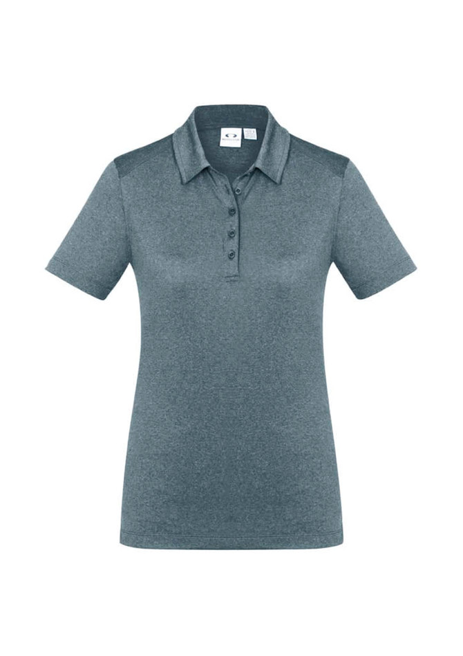 A women's polo shirt in a dark teal colour, featuring short sleeves and a collar with buttons. It has a branding logo.