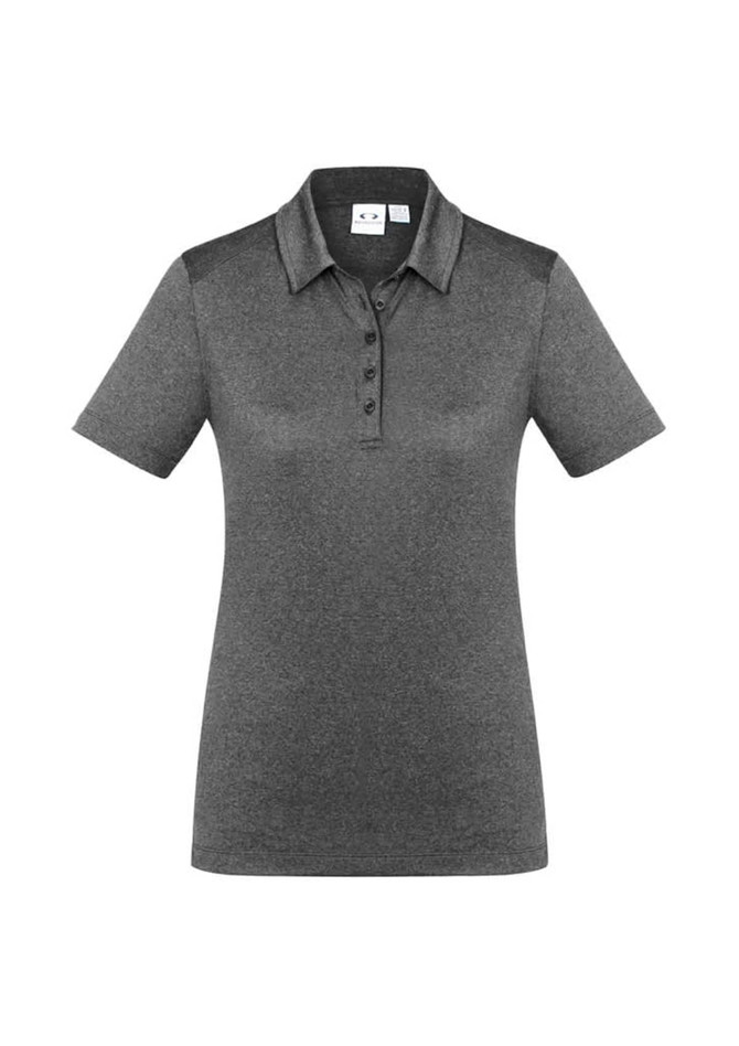 A women's short sleeve polo shirt in a dark grey colour with a collar and buttons, featuring a logo.