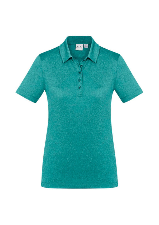 A teal women's short sleeve polo shirt with a collar and button placket, featuring a logo on the chest.