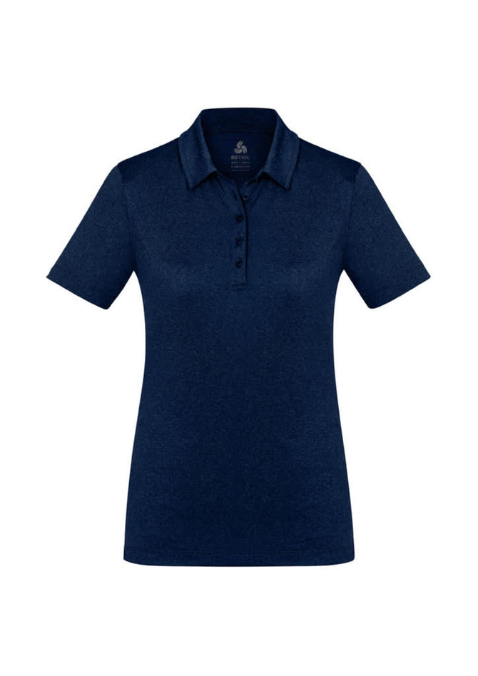 Women's short sleeve polo shirt in navy blue, featuring a collar and button front. Includes a logo at the chest.