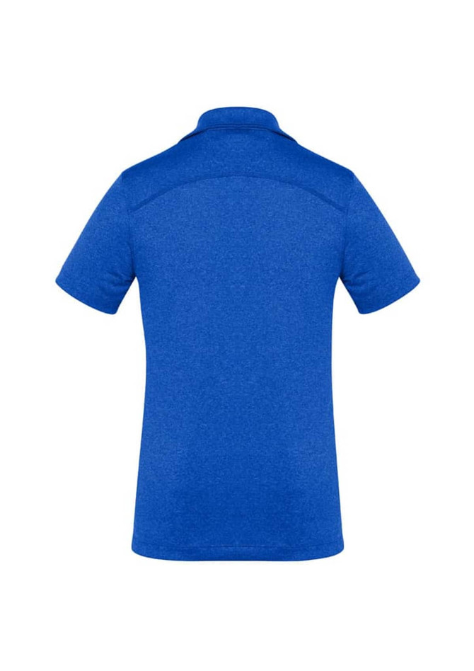A blue women's polo shirt featuring a collar and short sleeves, with a logo on the back.