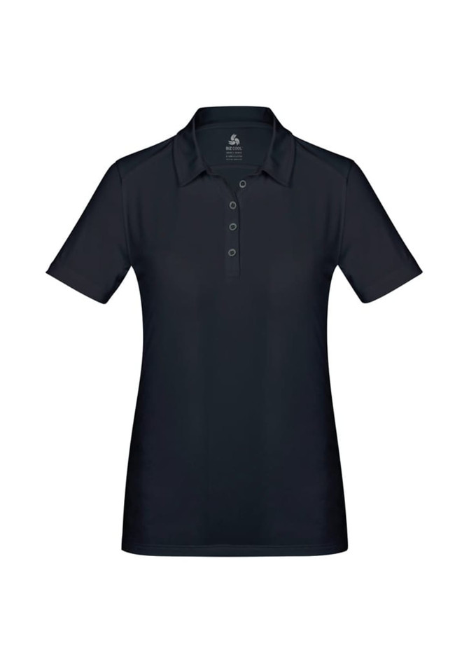 A women's short sleeve polo shirt in navy blue with a logo and four-button placket.