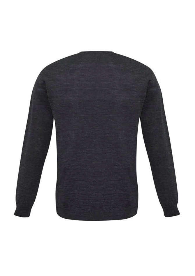A dark grey men's pullover sweater featuring long sleeves and a simple design at the back. It has a logo.
