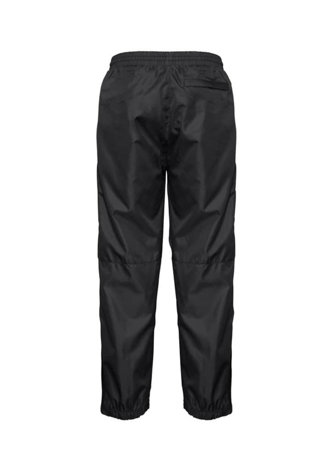 Black track pants with an elastic waistband and gathered cuffs, featuring a branding logo.