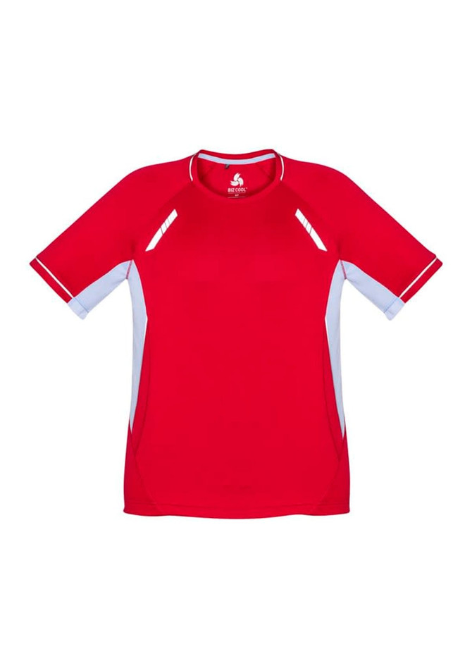 A red short sleeve t-shirt featuring white side detailing and a logo on the collar.
