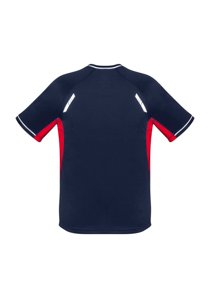 A navy blue short sleeve tee with red accents and reflective detailing, featuring a logo on the back.