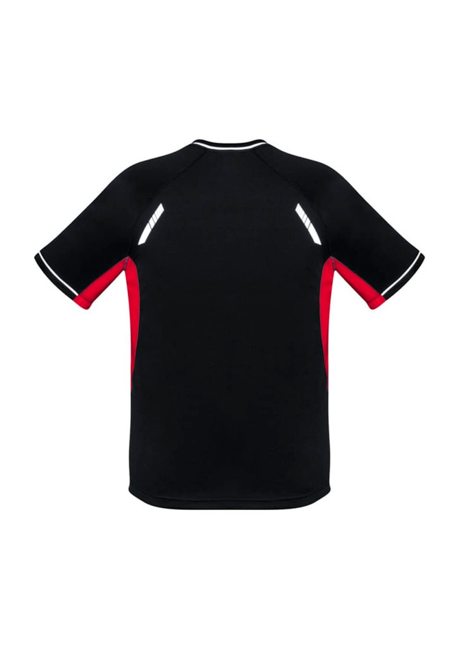 A black and red short sleeve tee featuring reflective accents and a logo on the back.