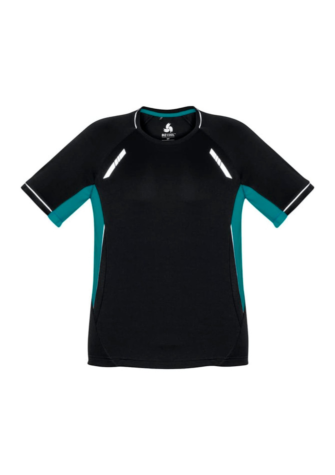 A black short sleeve tee with teal accents and a logo on the front. Ideal for active wear.