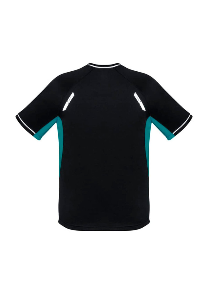 A black short sleeve tee featuring turquoise accents and reflective details. The design includes a logo on the back.