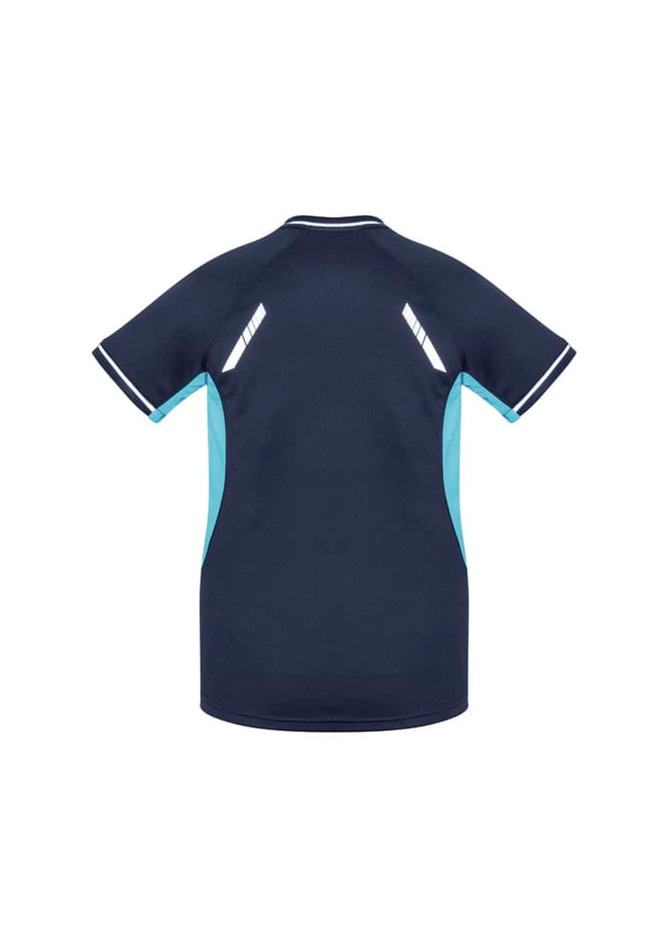 A navy blue women's short sleeve tee with light blue accents and a logo. Features sporty design details on the back.