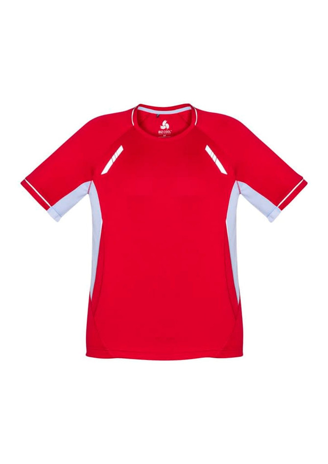 A red short sleeve t-shirt featuring white side detailing and a logo on the collar.