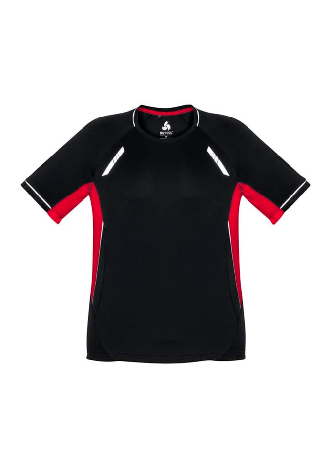 A black and red short sleeve t-shirt featuring sporty design elements and a logo.