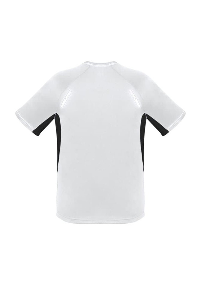 A short sleeve tee featuring a white body with black accents and a logo on the back.