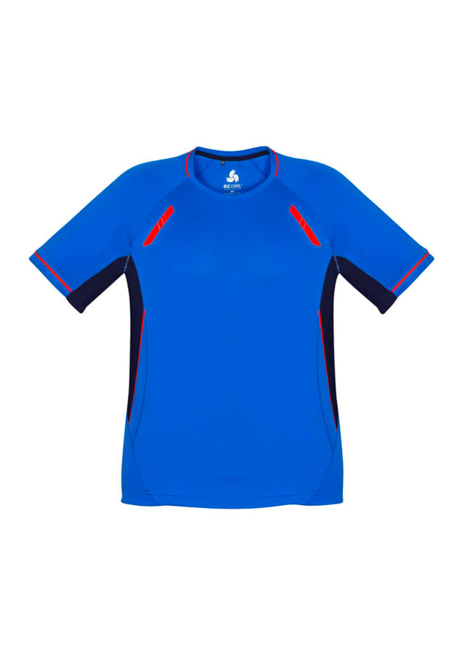 A blue and navy short sleeve tee with red accents, featuring a logo on the front.