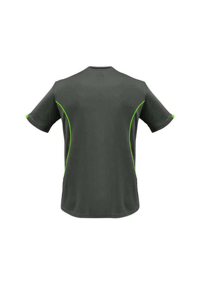 A dark grey T-shirt with green accents and a logo on the back. Designed for kids.