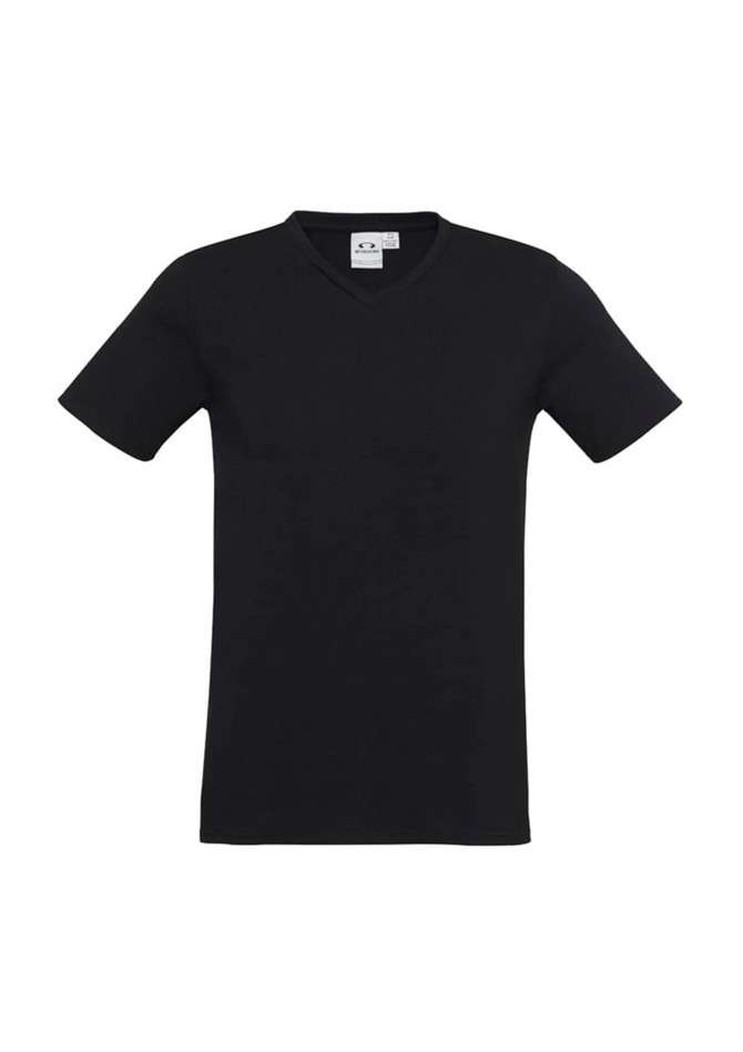 A black short sleeve tee with a V-neck design and a tag inside, featuring a logo.