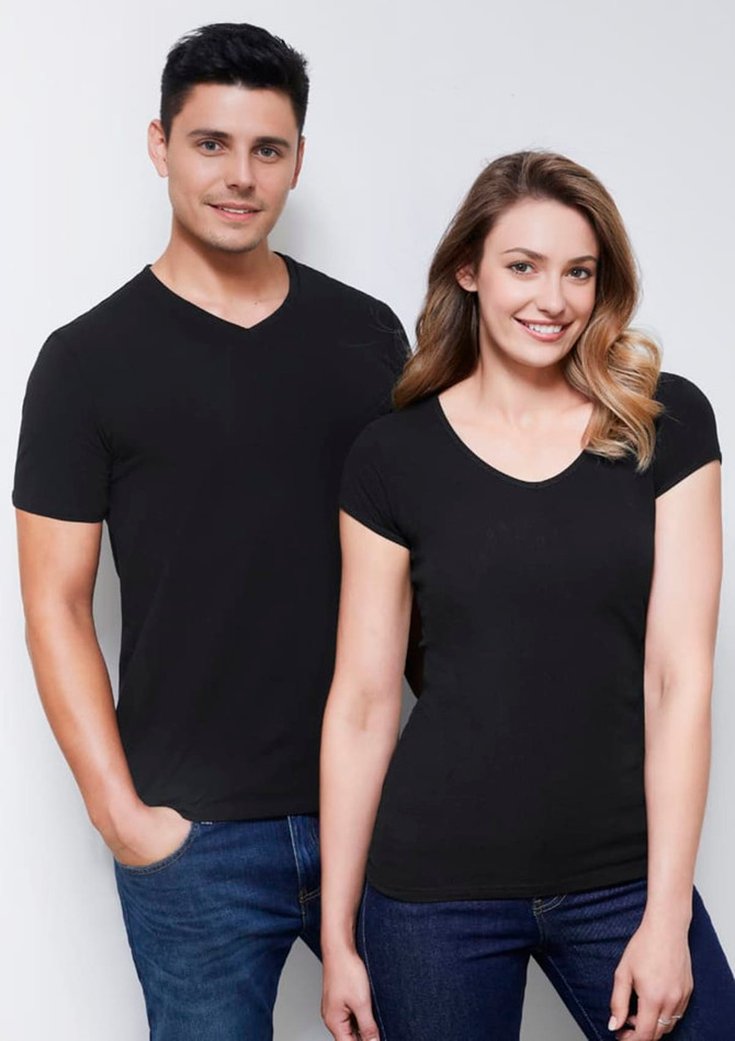 Two models wearing black short sleeve t-shirts, one with a v-neck and the other with a scoop neck.