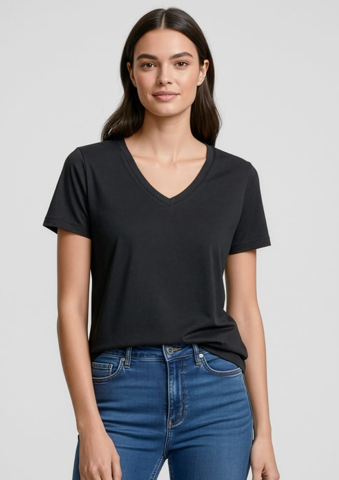 A black women's short sleeve tee with a V-neck, worn by a model paired with blue jeans. The shirt has a logo.