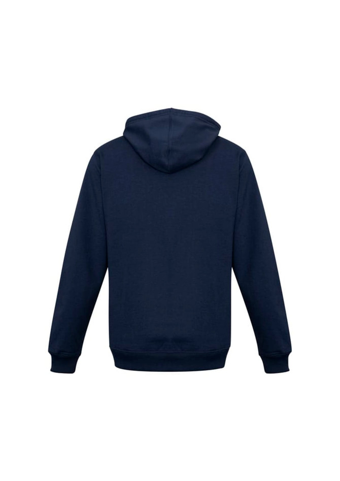 A navy men's crew zip hoodie with a hood and long sleeves, featuring a logo on the back.
