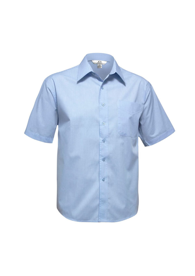 A light blue short sleeve button-up shirt featuring a chest pocket and a simple logo.