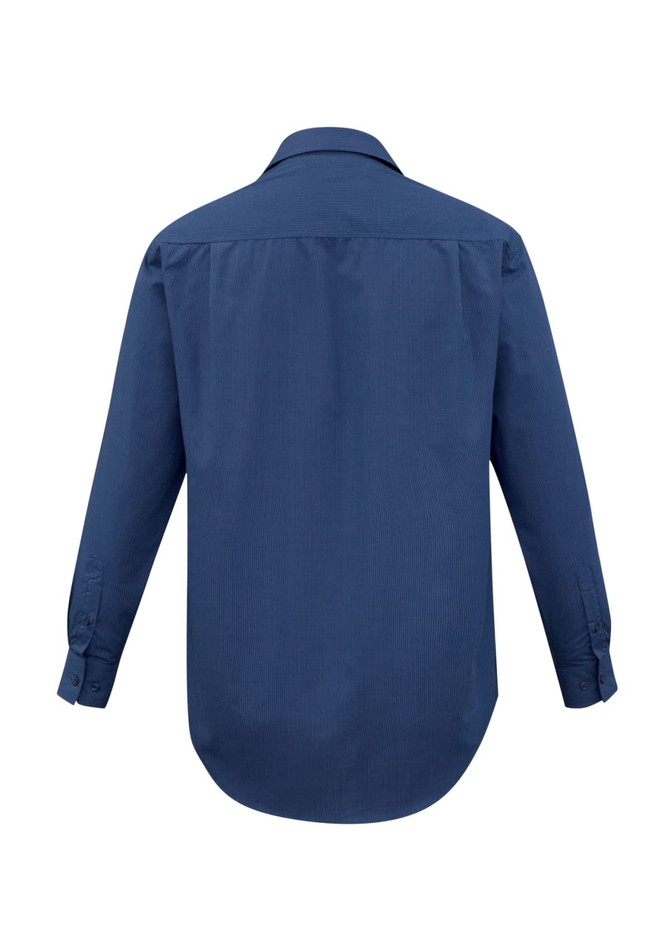 A men's micro check long sleeve shirt in navy blue, featuring a button-up design and a branded logo.