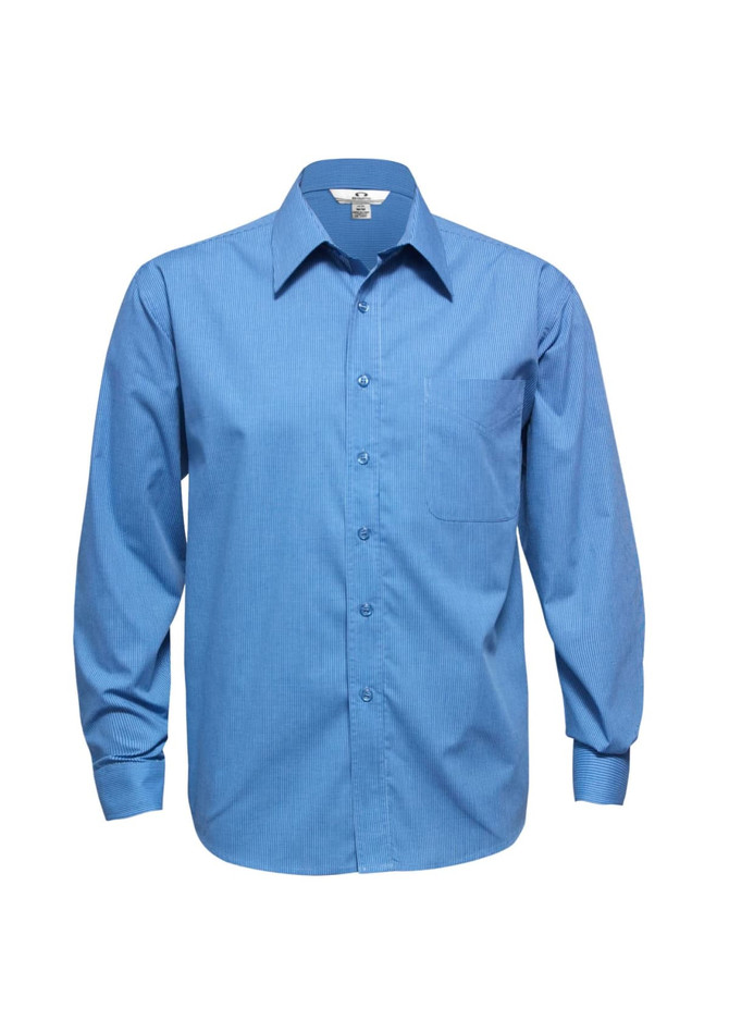 A blue long sleeve button-up shirt with a micro check pattern and a single chest pocket. It has a logo as well.