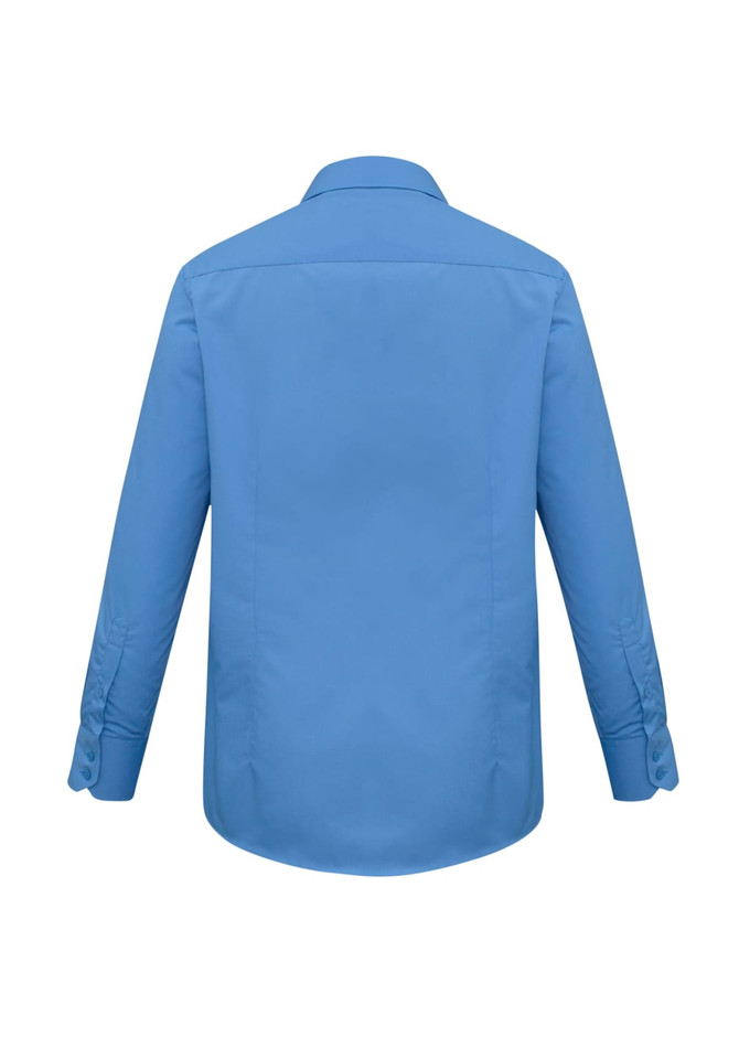 A blue long sleeve button-up shirt with a smooth back and buttoned cuffs. Features a collar and no visible branding.