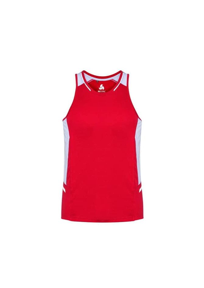 A red singlet with white accents, featuring a logo on the chest. Suitable for sports and active wear.